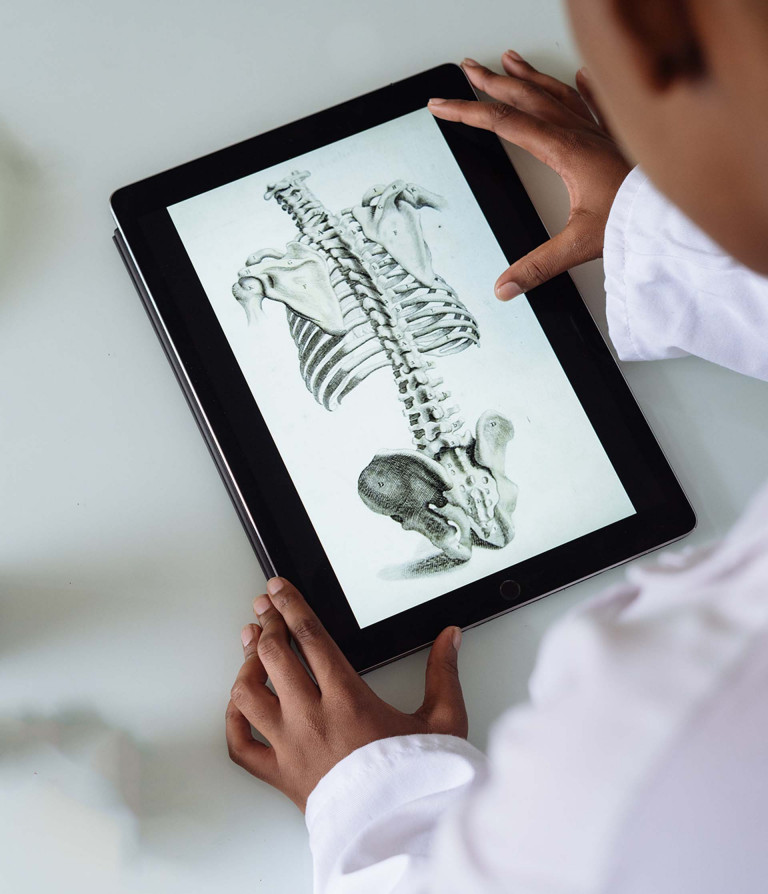 tablette montrant l'anatomie du squelette d'un corps humain