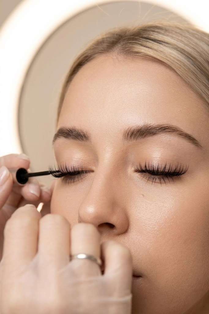 Femme qui prodigue un rehaussement de cils sur une autre femme.